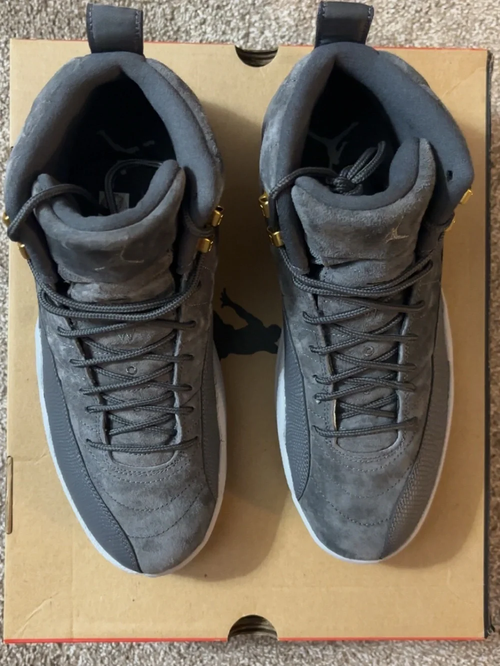Jordan Men's Dark Grey and Black Suede Sneakers with Gold Accents